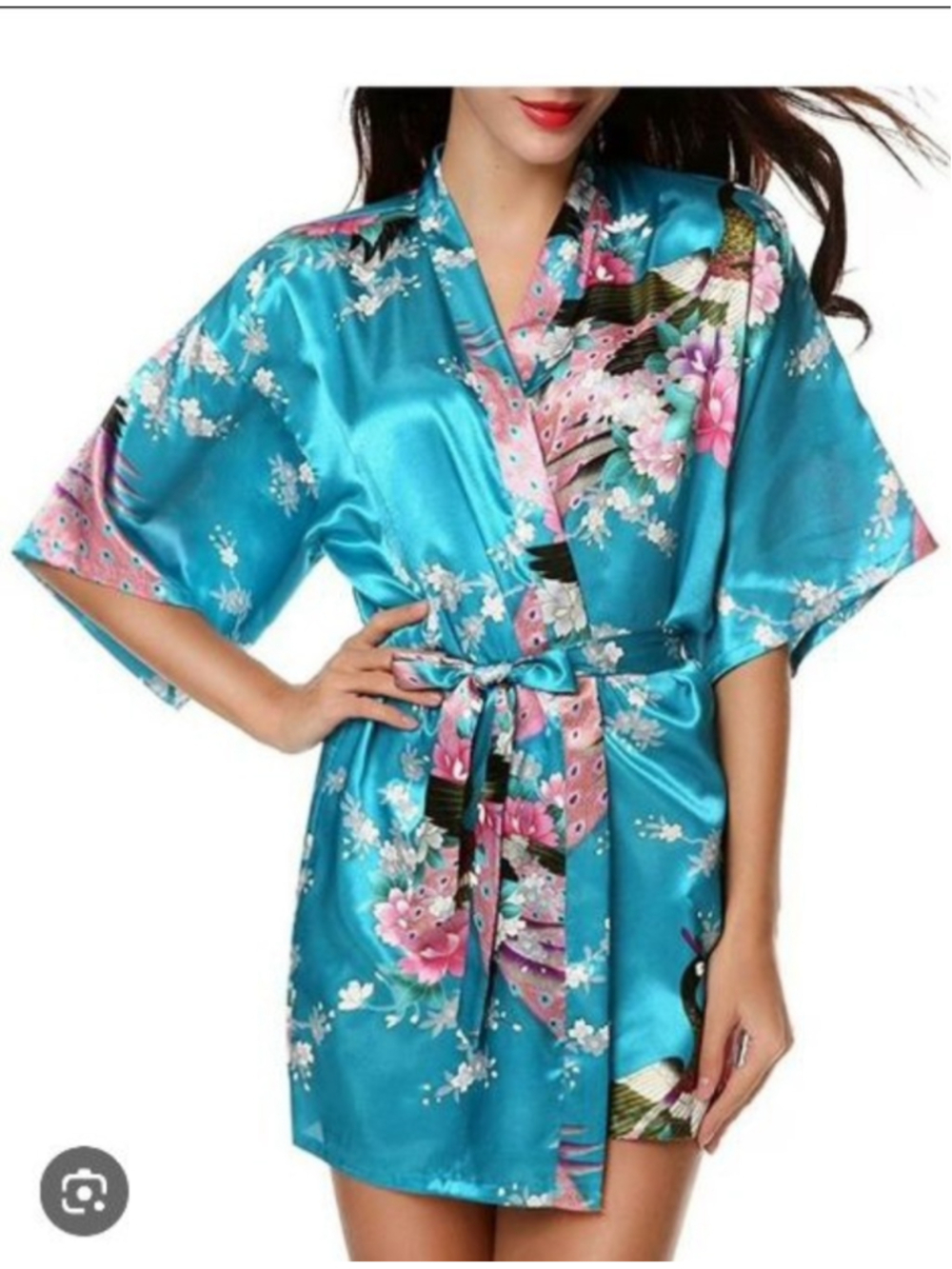 Teal Blue & Pink Satin Floral Peacock Kimono Robe Large Regency Special Occasion